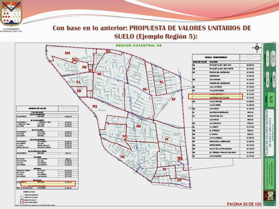 Con base en lo anterior: PROPUESTA DE VALORES UNITARIOS DE SUELO (Ejemplo Región 5):