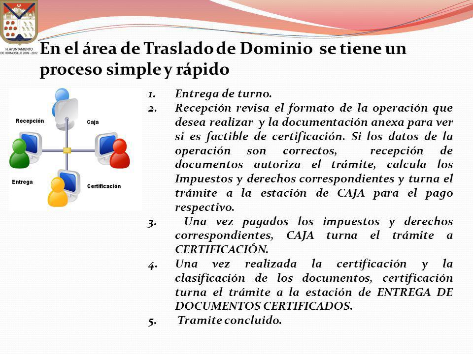 En el área de Traslado de Dominio se tiene un proceso simple y rápido