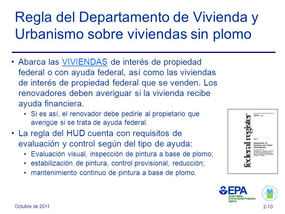 Regla del Departamento de Vivienda y Urbanismo sobre viviendas sin plomo