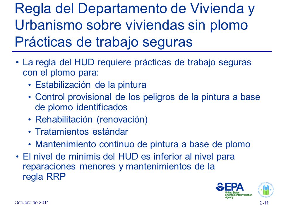 Regla del Departamento de Vivienda y Urbanismo sobre viviendas sin plomo Prácticas de trabajo seguras