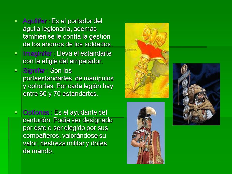 Aquilifer : Es el portador del águila legionaria, además también se le confía la gestión de los ahorros de los soldados.