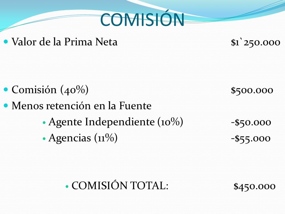 COMISIÓN Valor de la Prima Neta $1` Comisión (40%) $
