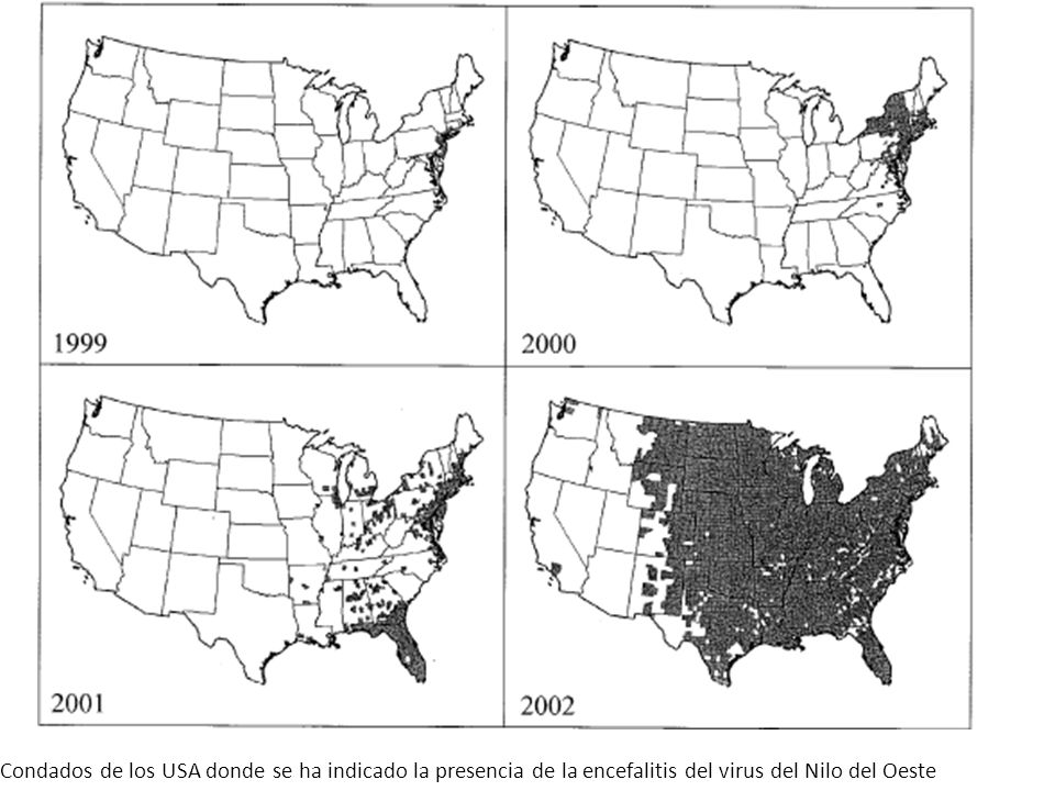 Condados de los USA donde se ha indicado la presencia de la encefalitis del virus del Nilo del Oeste