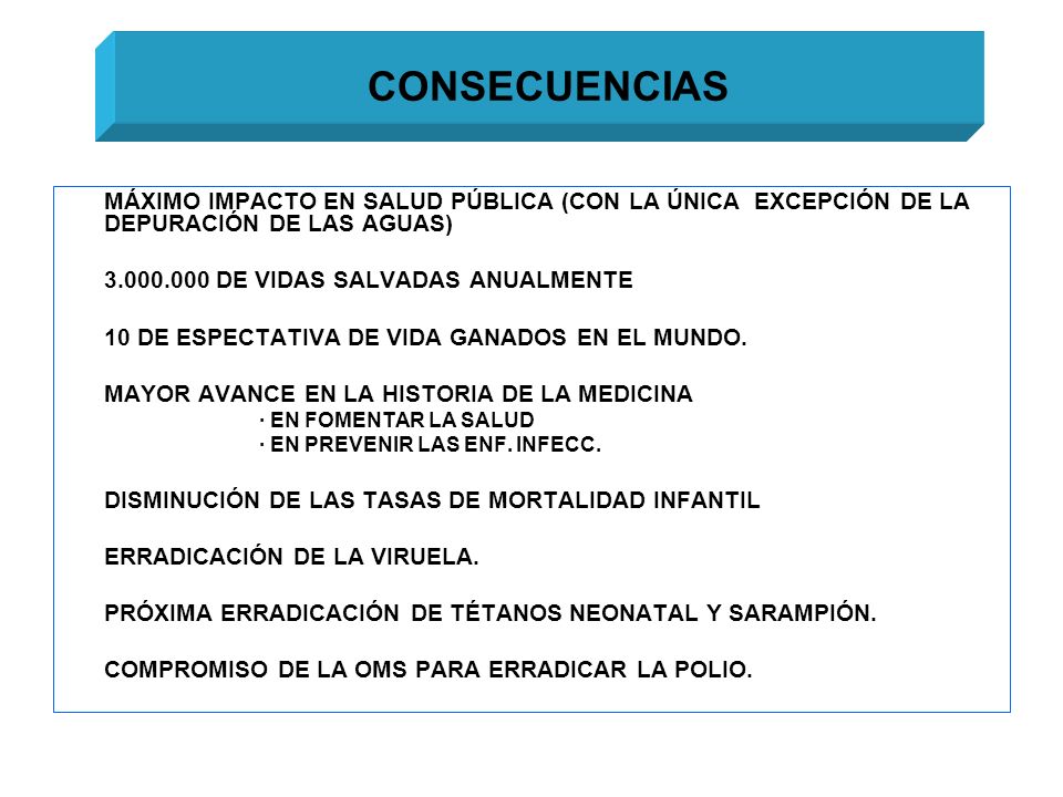 CONSECUENCIAS MÁXIMO IMPACTO EN SALUD PÚBLICA (CON LA ÚNICA EXCEPCIÓN DE LA DEPURACIÓN DE LAS AGUAS)