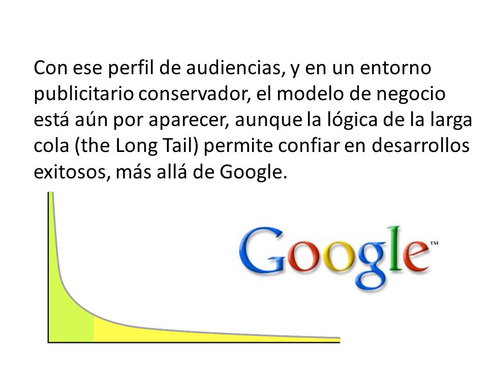 Con ese perfil de audiencias, y en un entorno publicitario conservador, el modelo de negocio está aún por aparecer, aunque la lógica de la larga cola (the Long Tail) permite confiar en desarrollos exitosos, más allá de Google.