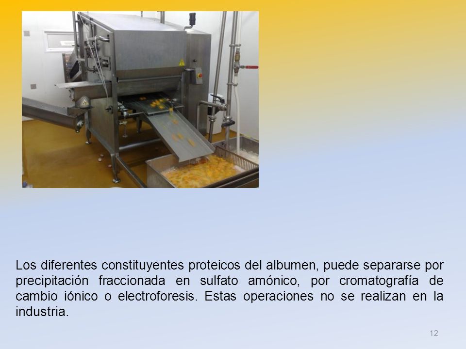 Los diferentes constituyentes proteicos del albumen, puede separarse por precipitación fraccionada en sulfato amónico, por cromatografía de cambio iónico o electroforesis.
