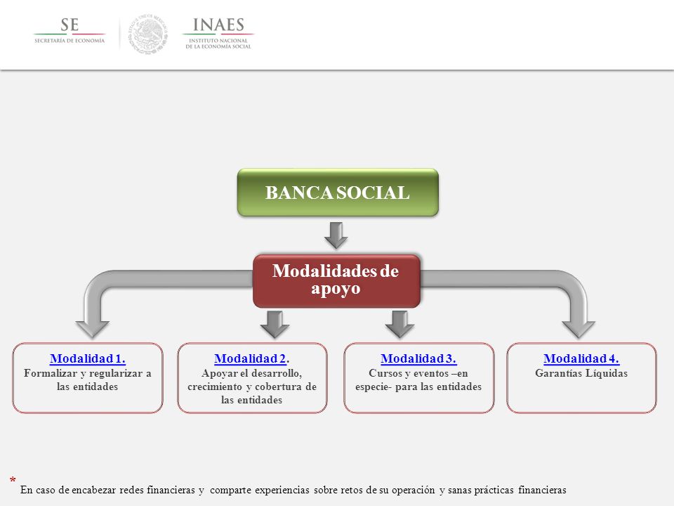 BANCA SOCIAL Modalidades de apoyo. Modalidad 1. Formalizar y regularizar a las entidades. Modalidad 2.