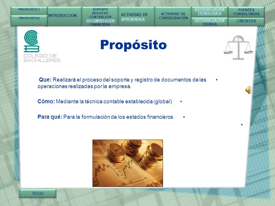 PROPOSITO 1 INTRODUCCION. SOPORTE. REGISTRO. CONTABLE DE. DOCUMENTACIÓN. FINANCIERA. ACTIVIDAD DE.