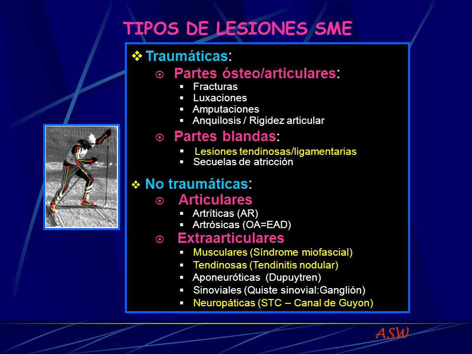 TIPOS DE LESIONES SME Partes ósteo/articulares: Partes blandas: