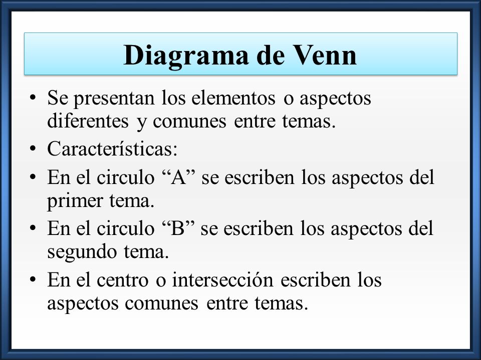 Diagrama de Venn Se presentan los elementos o aspectos diferentes y comunes entre temas. Características:
