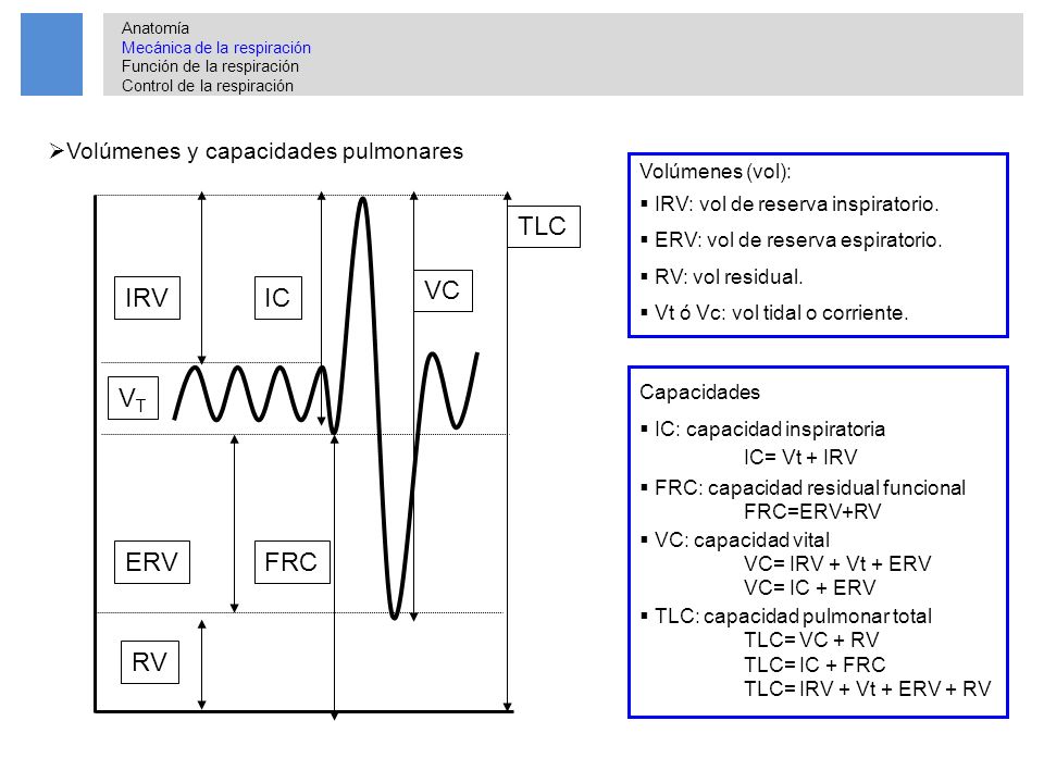 IRV VT ERV RV FRC TLC IC VC Volúmenes y capacidades pulmonares