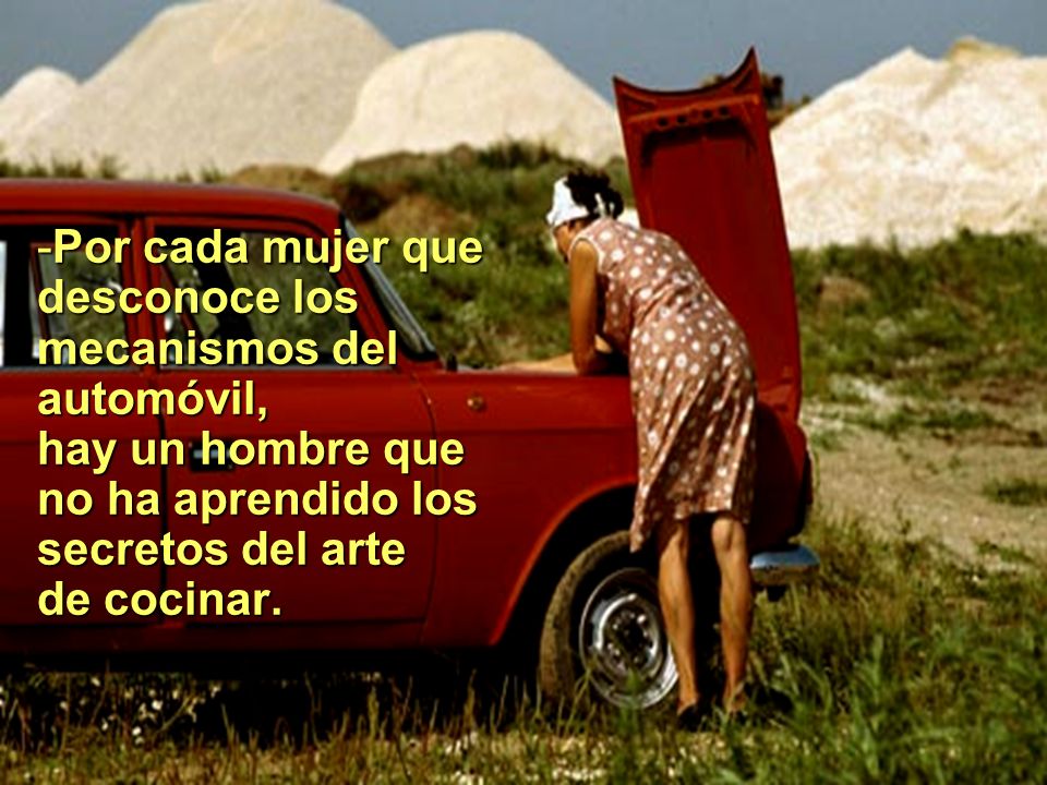 Por cada mujer que desconoce los mecanismos del automóvil, hay un hombre que no ha aprendido los secretos del arte de cocinar.