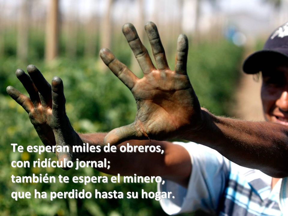 Te esperan miles de obreros, con ridículo jornal; también te espera el minero, que ha perdido hasta su hogar.