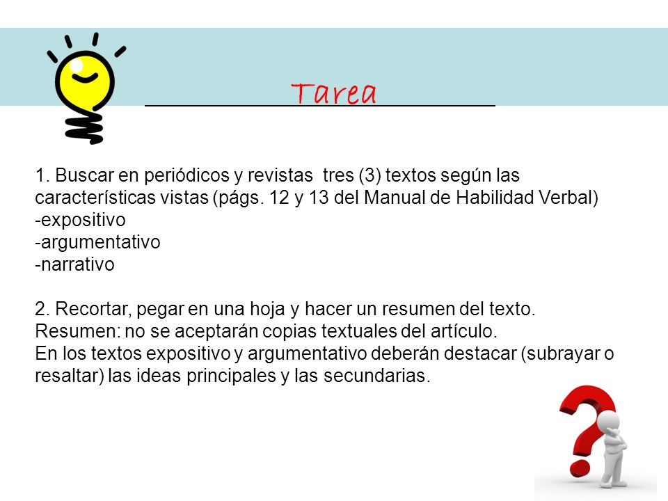 Tarea 1. Buscar en periódicos y revistas tres (3) textos según las características vistas (págs. 12 y 13 del Manual de Habilidad Verbal)