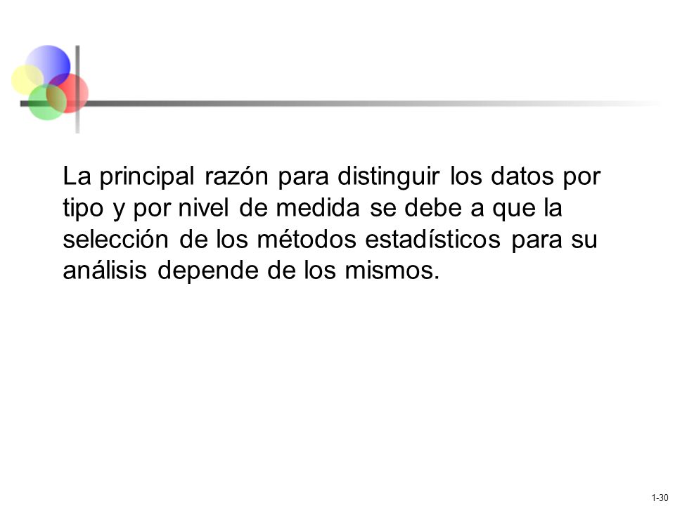 La principal razón para distinguir los datos por tipo y por nivel de medida se debe a que la selección de los métodos estadísticos para su análisis depende de los mismos.