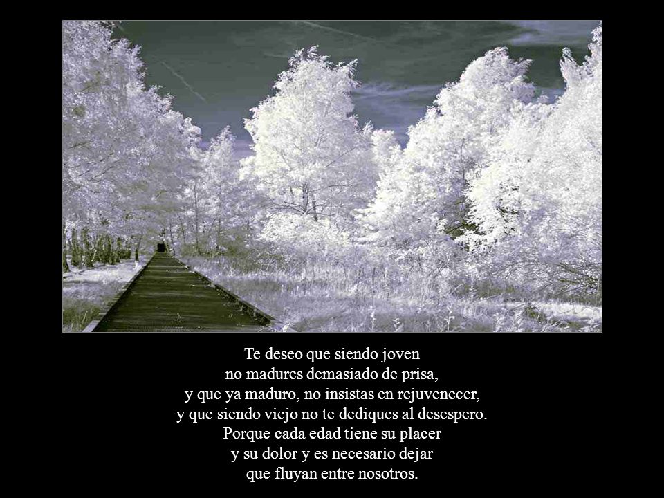 Te deseo que siendo joven no madures demasiado de prisa, y que ya maduro, no insistas en rejuvenecer, y que siendo viejo no te dediques al desespero.