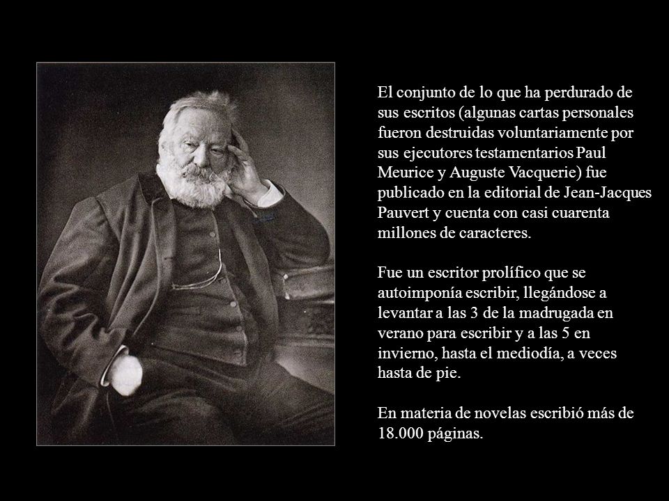 El conjunto de lo que ha perdurado de sus escritos (algunas cartas personales fueron destruidas voluntariamente por sus ejecutores testamentarios Paul Meurice y Auguste Vacquerie) fue publicado en la editorial de Jean-Jacques Pauvert y cuenta con casi cuarenta millones de caracteres.