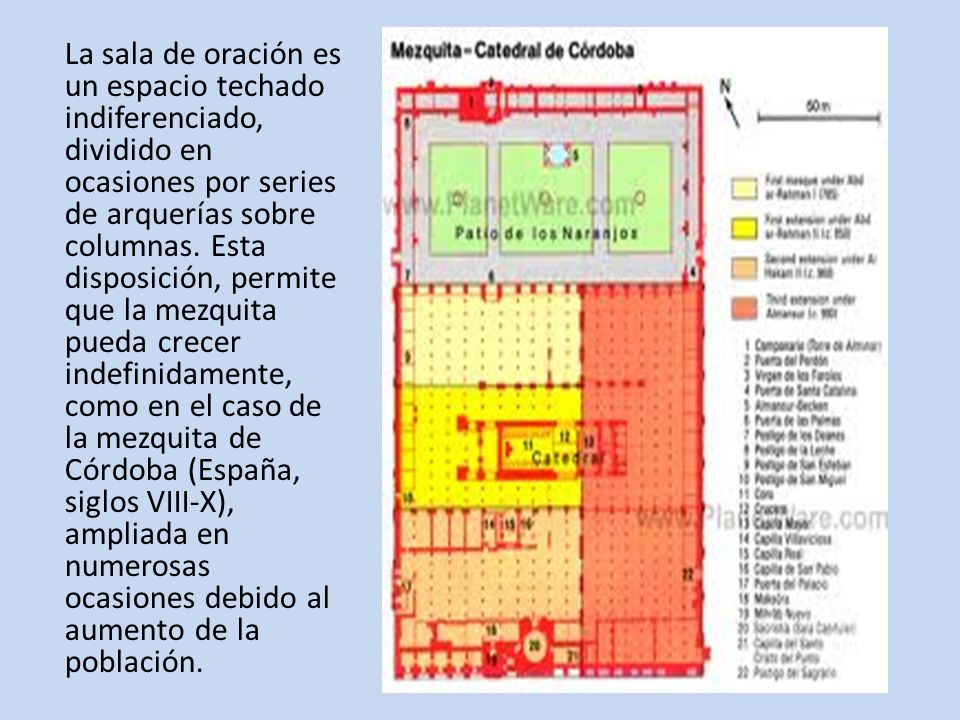 La sala de oración es un espacio techado indiferenciado, dividido en ocasiones por series de arquerías sobre columnas.