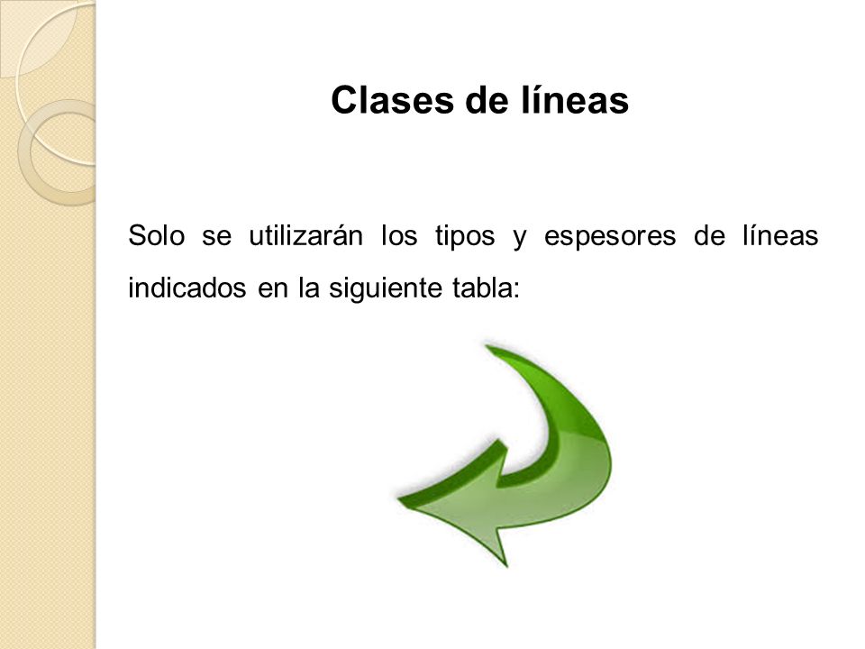 Clases de líneas Solo se utilizarán los tipos y espesores de líneas indicados en la siguiente tabla: