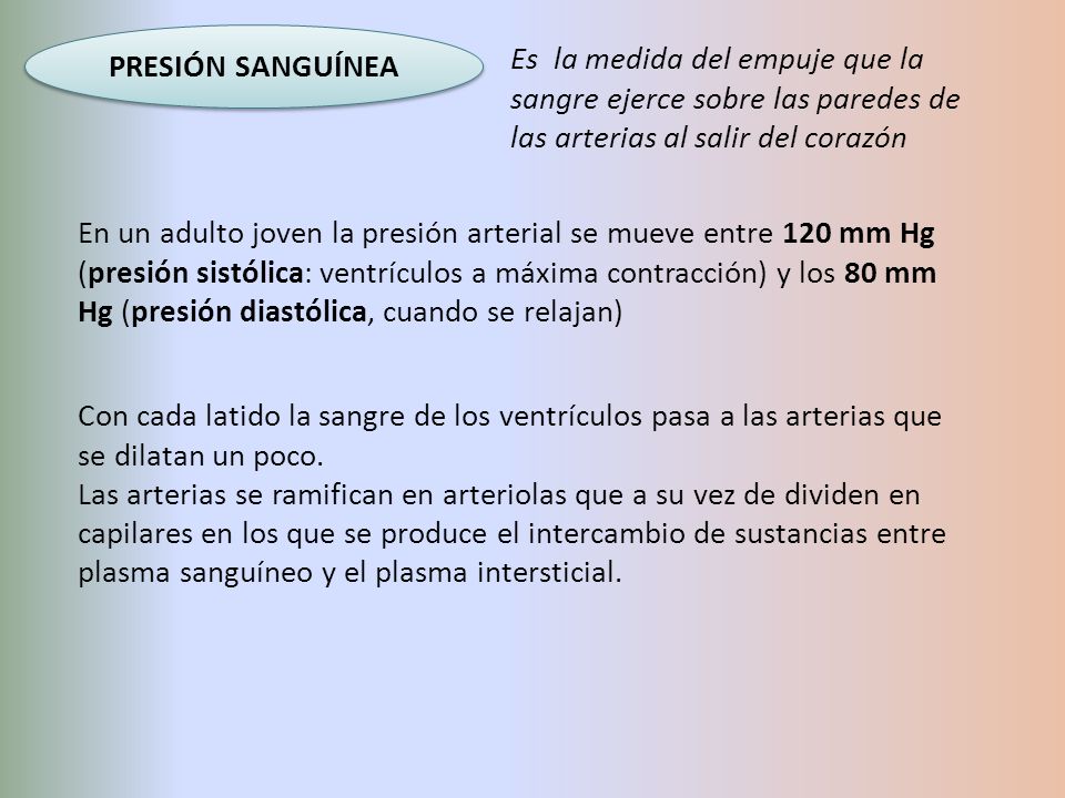 PRESIÓN SANGUÍNEA Es la medida del empuje que la sangre ejerce sobre las paredes de las arterias al salir del corazón.