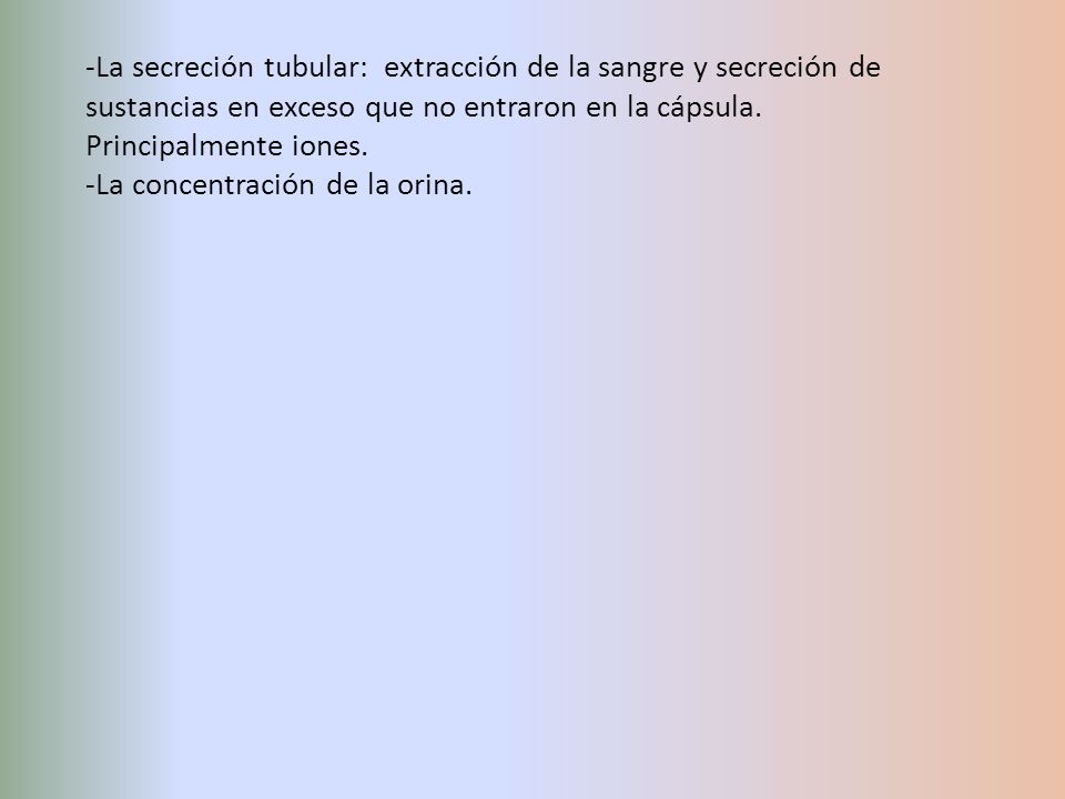La secreción tubular: extracción de la sangre y secreción de sustancias en exceso que no entraron en la cápsula. Principalmente iones.