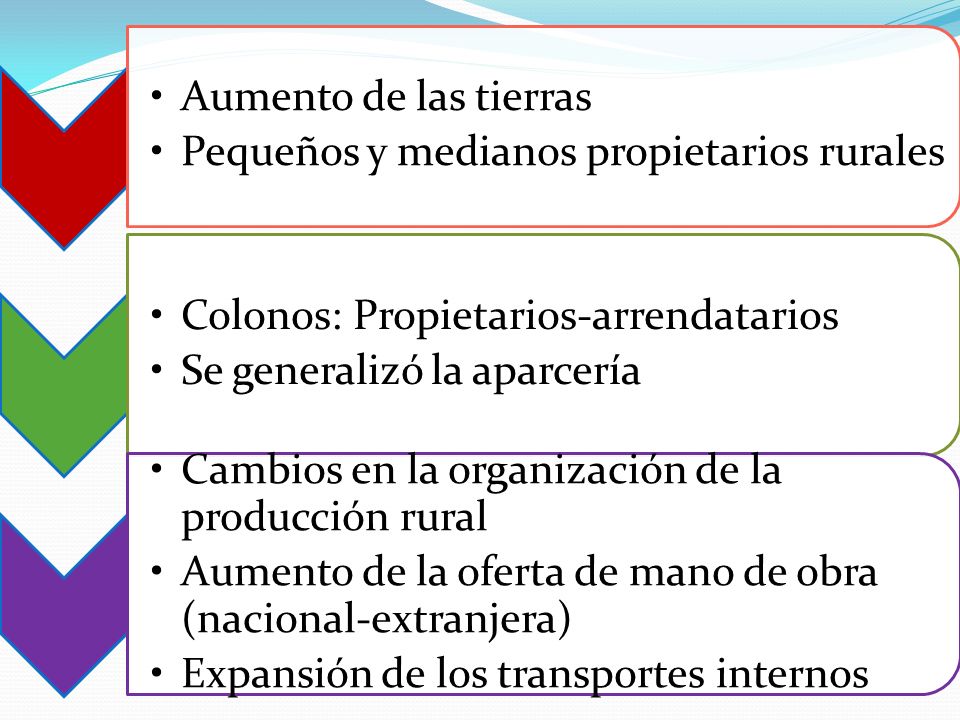 Aumento de las tierras Pequeños y medianos propietarios rurales. Colonos: Propietarios-arrendatarios.