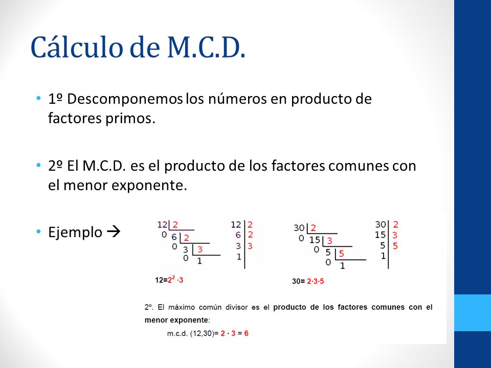 Cálculo de M.C.D. 1º Descomponemos los números en producto de factores primos.
