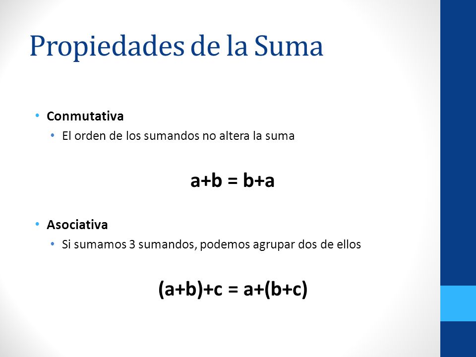 Propiedades de la Suma a+b = b+a (a+b)+c = a+(b+c) Conmutativa