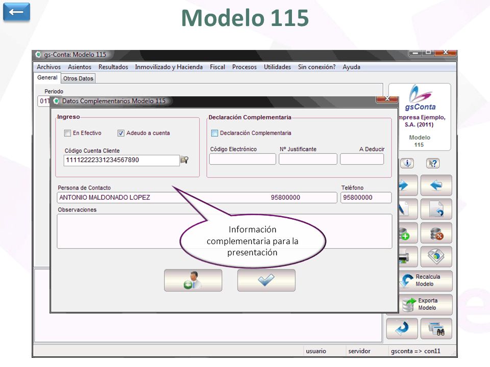 ← Modelo 115. Cálculo automático del modelo 115, indicando el periodo todos los datos se rellenan de forma automática.