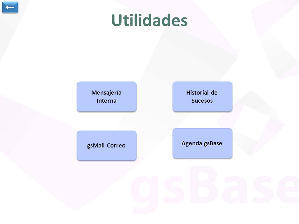 Utilidades ← Mensajería Interna Historial de Sucesos Agenda gsBase