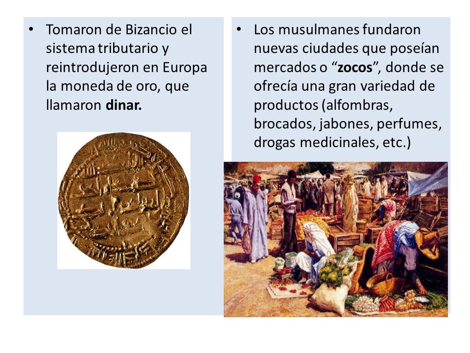 Tomaron de Bizancio el sistema tributario y reintrodujeron en Europa la moneda de oro, que llamaron dinar.