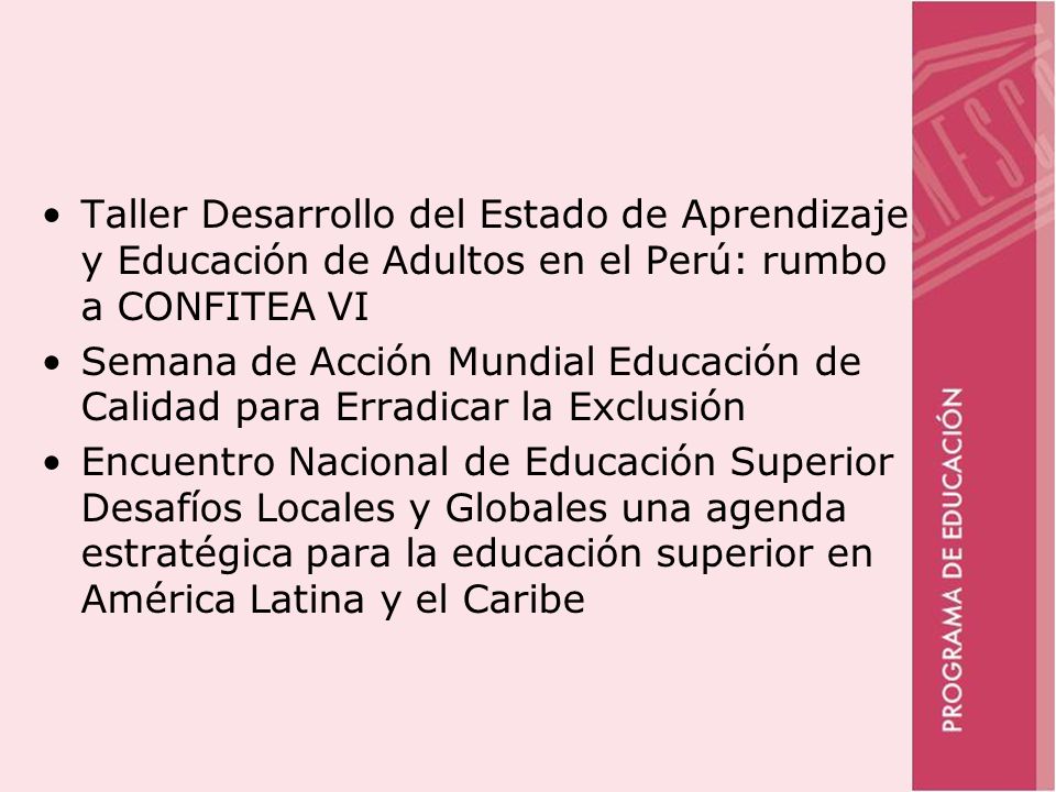 Taller Desarrollo del Estado de Aprendizaje y Educación de Adultos en el Perú: rumbo a CONFITEA VI