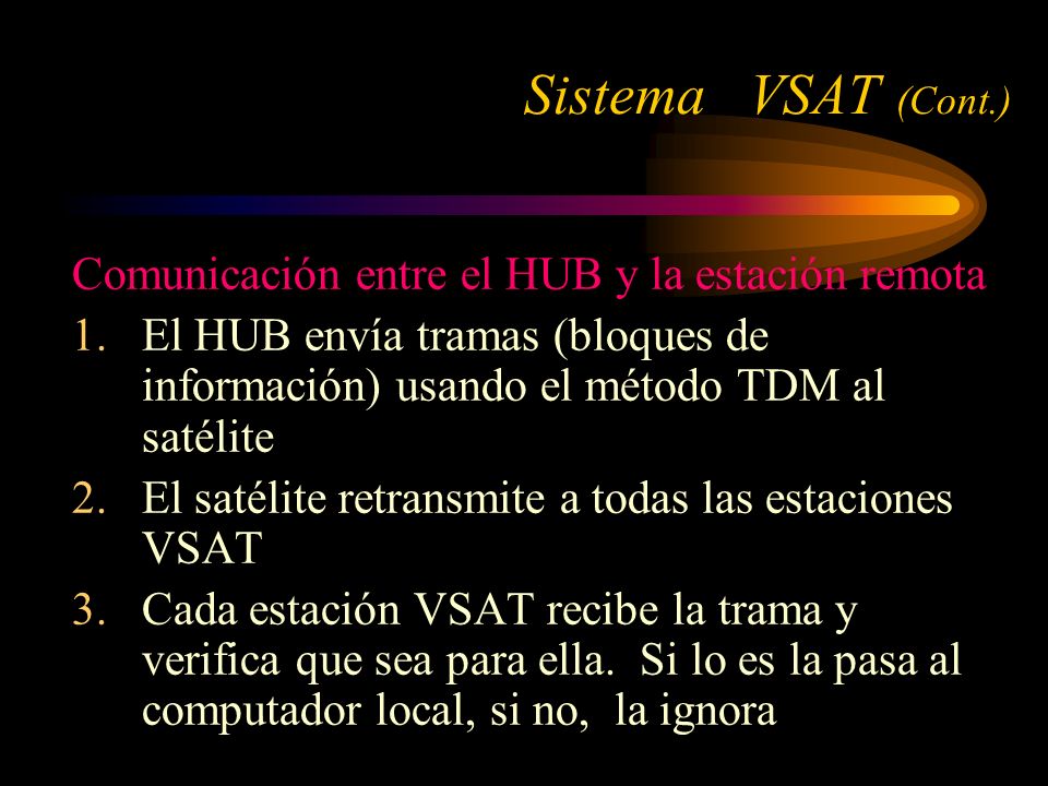 Sistema VSAT (Cont.) Comunicación entre el HUB y la estación remota