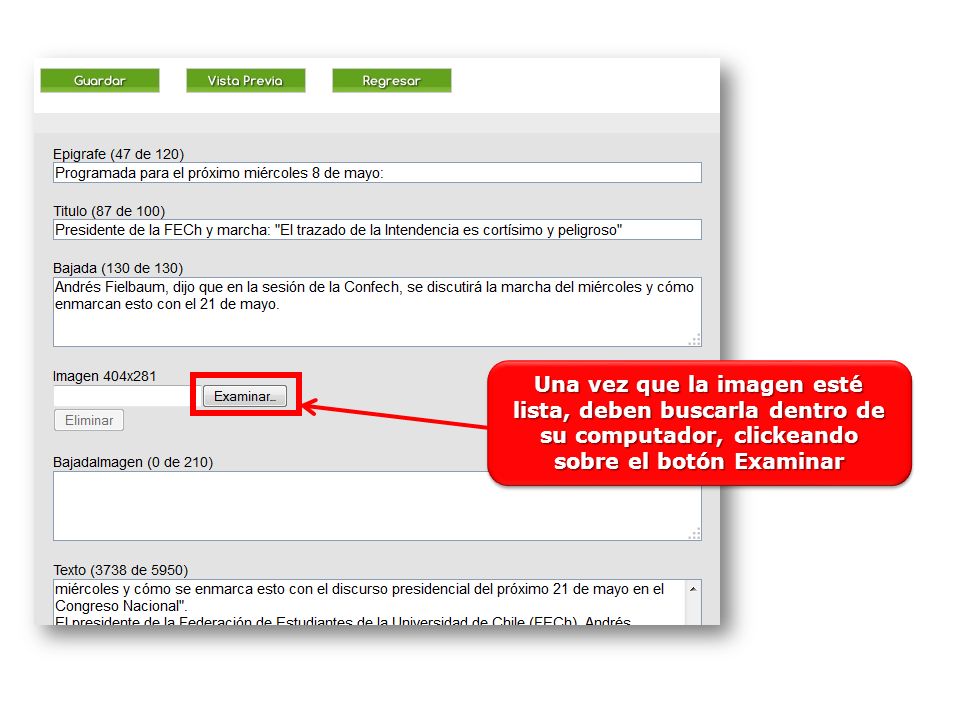 Una vez que la imagen esté lista, deben buscarla dentro de su computador, clickeando sobre el botón Examinar