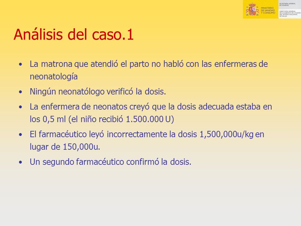Análisis del caso.1 La matrona que atendió el parto no habló con las enfermeras de neonatología. Ningún neonatólogo verificó la dosis.