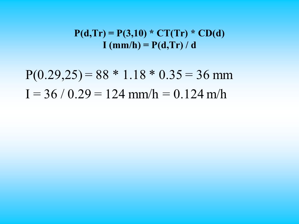 P(d,Tr) = P(3,10) * CT(Tr) * CD(d) I (mm/h) = P(d,Tr) / d