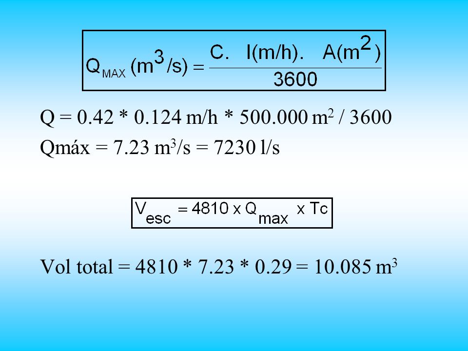 Q = 0.42 * m/h * m2 / 3600 Qmáx = 7.23 m3/s = 7230 l/s.