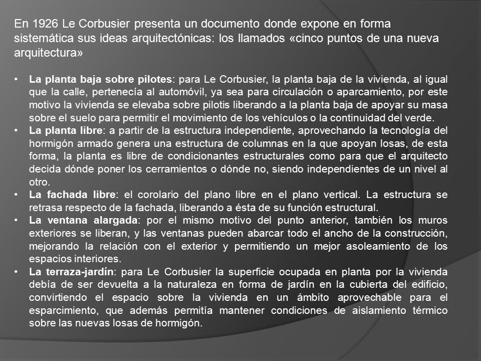 En 1926 Le Corbusier presenta un documento donde expone en forma sistemática sus ideas arquitectónicas: los llamados «cinco puntos de una nueva arquitectura»