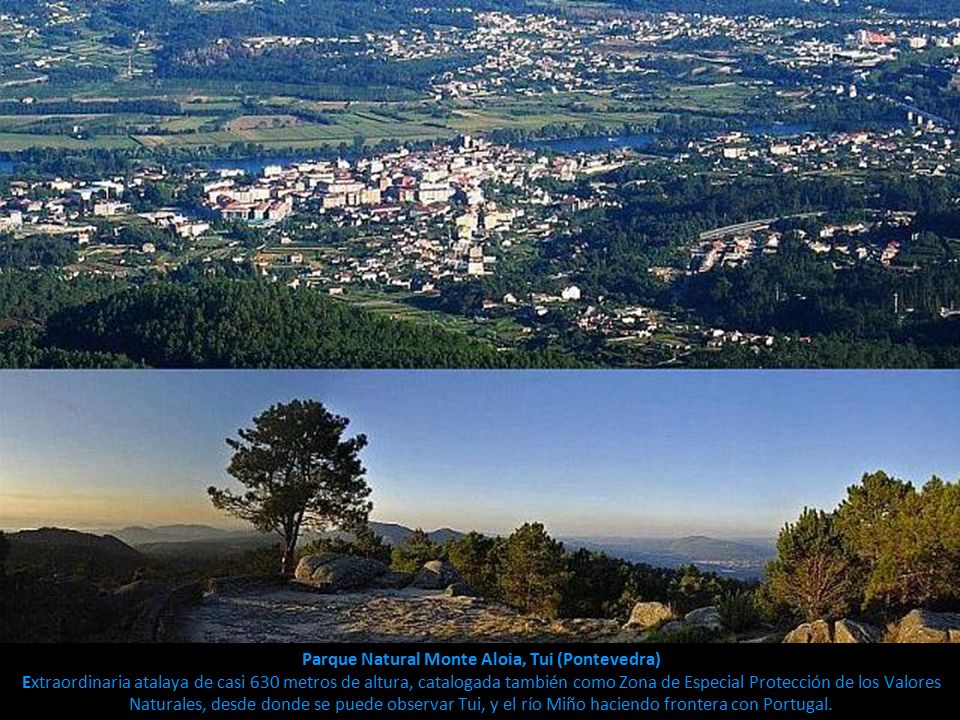 Parque Natural Monte Aloia, Tui (Pontevedra) Extraordinaria atalaya de casi 630 metros de altura, catalogada también como Zona de Especial Protección de los Valores Naturales, desde donde se puede observar Tui, y el río Miño haciendo frontera con Portugal.