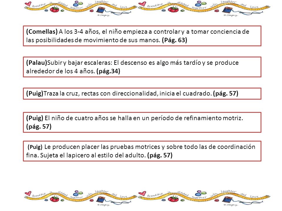 (Comellas) A los 3-4 años, el niño empieza a controlar y a tomar conciencia de las posibilidades de movimiento de sus manos. (Pág. 63)