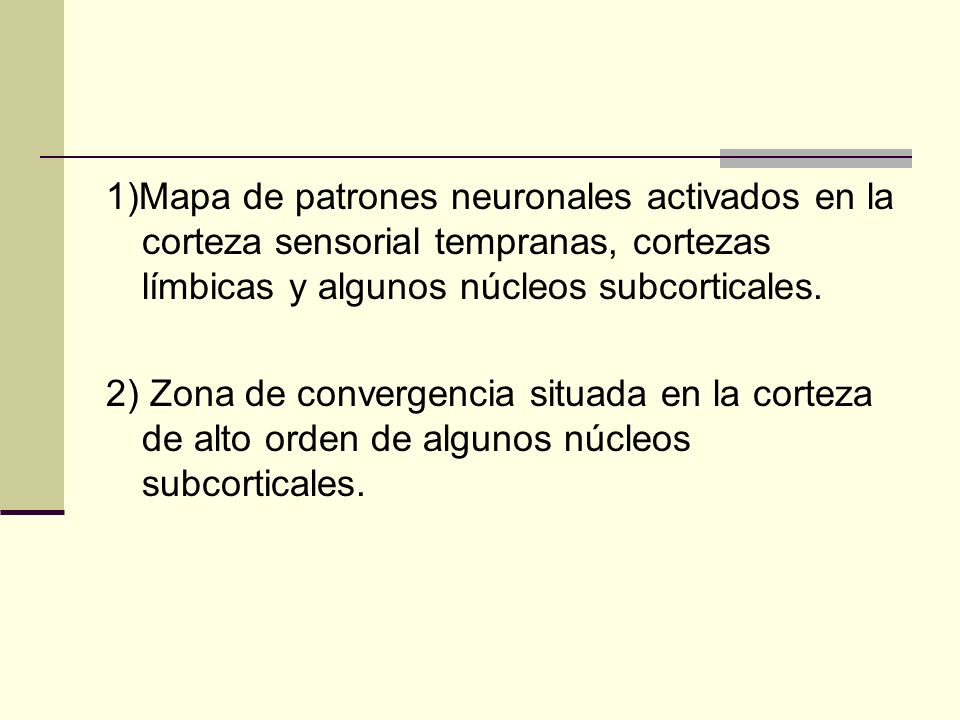 1)Mapa de patrones neuronales activados en la corteza sensorial tempranas, cortezas límbicas y algunos núcleos subcorticales.