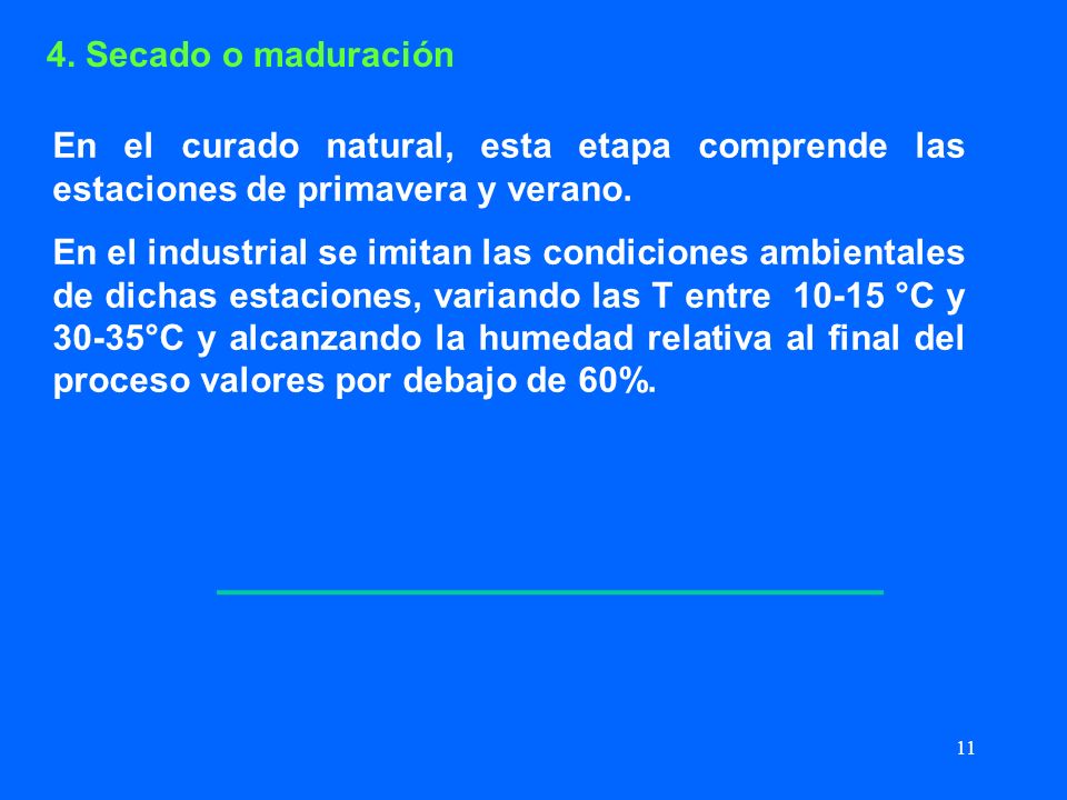 4. Secado o maduración En el curado natural, esta etapa comprende las estaciones de primavera y verano.