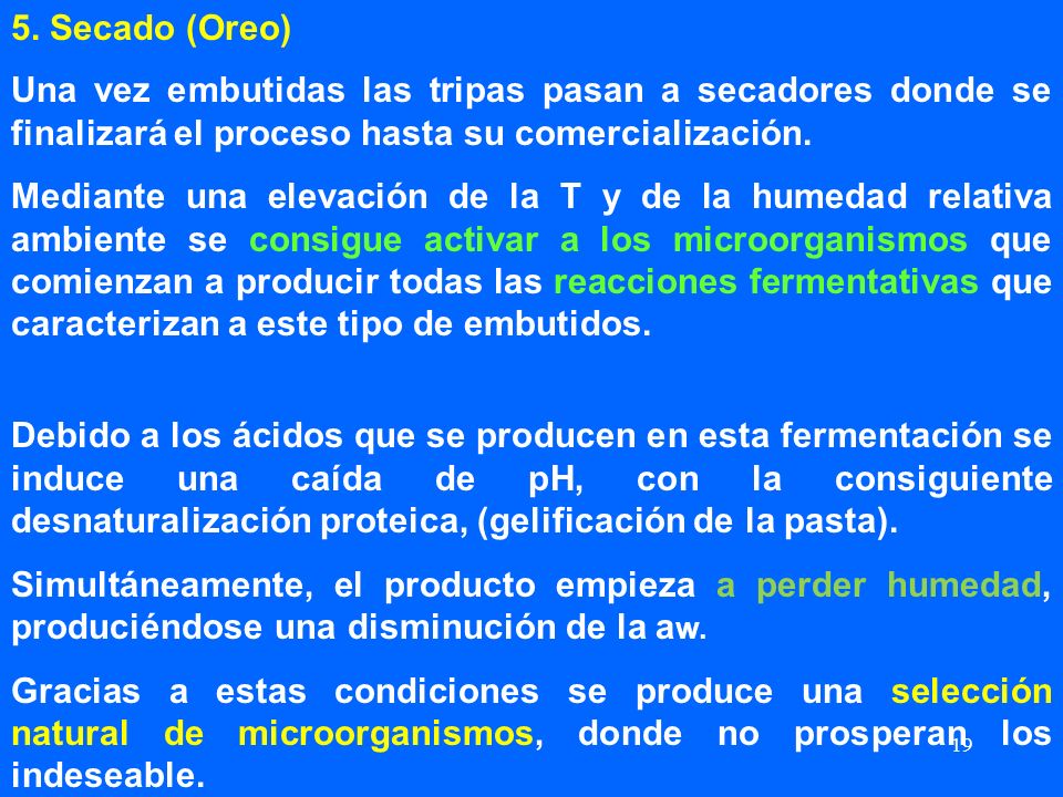 5. Secado (Oreo) Una vez embutidas las tripas pasan a secadores donde se finalizará el proceso hasta su comercialización.