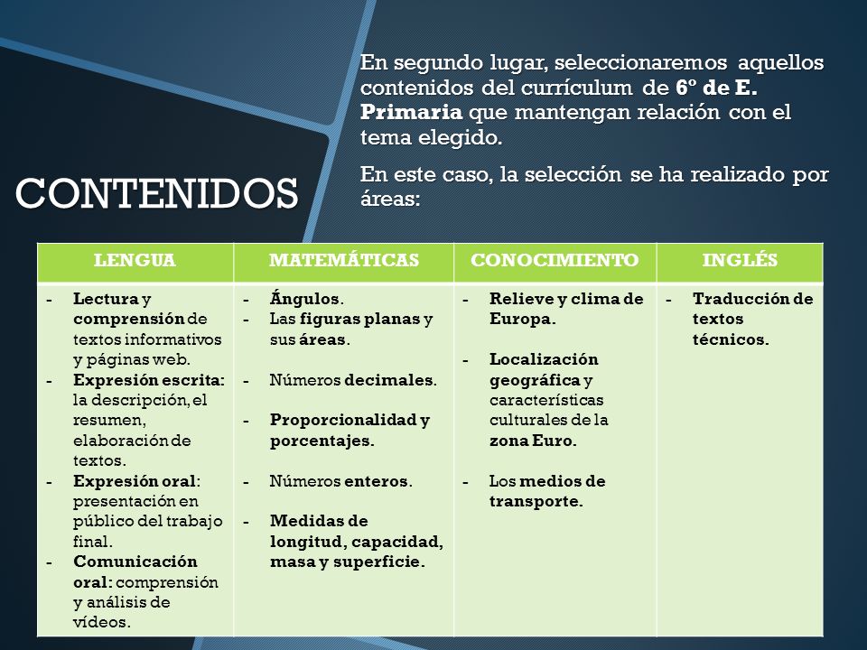 En segundo lugar, seleccionaremos aquellos contenidos del currículum de 6º de E. Primaria que mantengan relación con el tema elegido. En este caso, la selección se ha realizado por áreas: