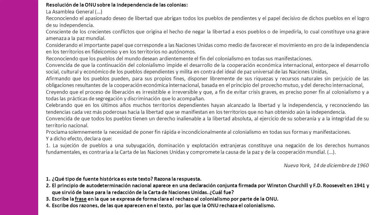 Resolución de la ONU sobre la independencia de las colonias:
