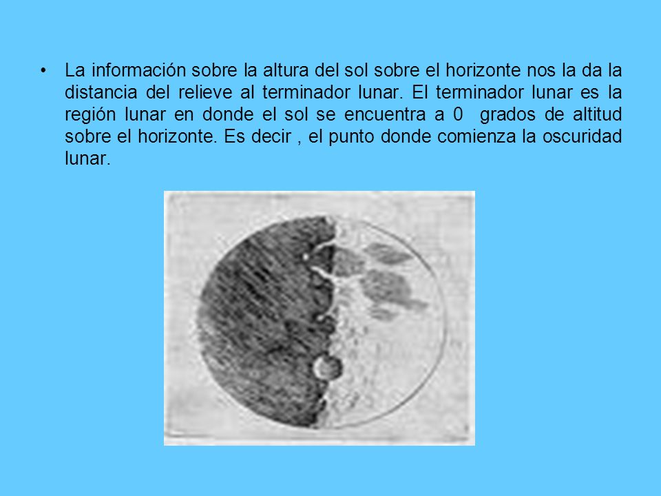 La información sobre la altura del sol sobre el horizonte nos la da la distancia del relieve al terminador lunar.
