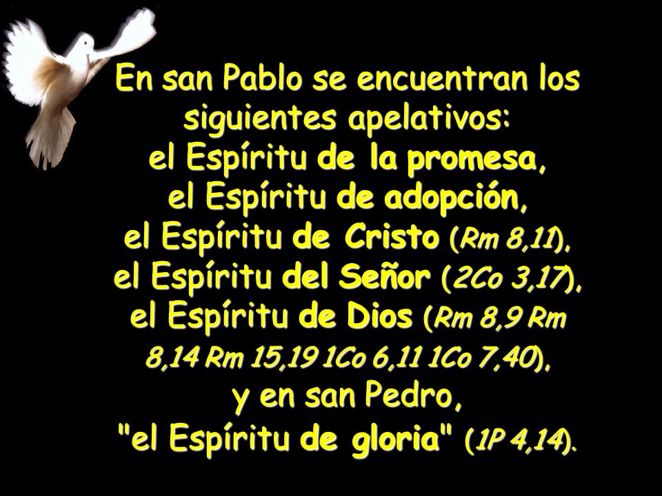 En san Pablo se encuentran los siguientes apelativos: el Espíritu de la promesa, el Espíritu de adopción, el Espíritu de Cristo (Rm 8,11), el Espíritu del Señor (2Co 3,17), el Espíritu de Dios (Rm 8,9 Rm 8,14 Rm 15,19 1Co 6,11 1Co 7,40), y en san Pedro, el Espíritu de gloria (1P 4,14).