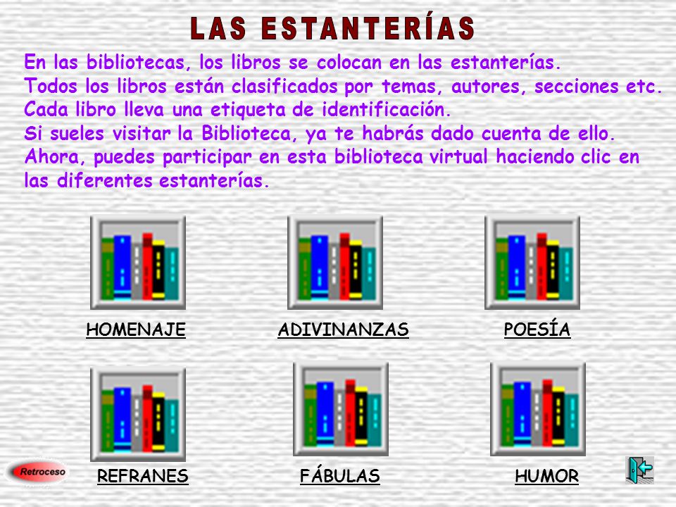 LAS ESTANTERÍAS En las bibliotecas, los libros se colocan en las estanterías. Todos los libros están clasificados por temas, autores, secciones etc.