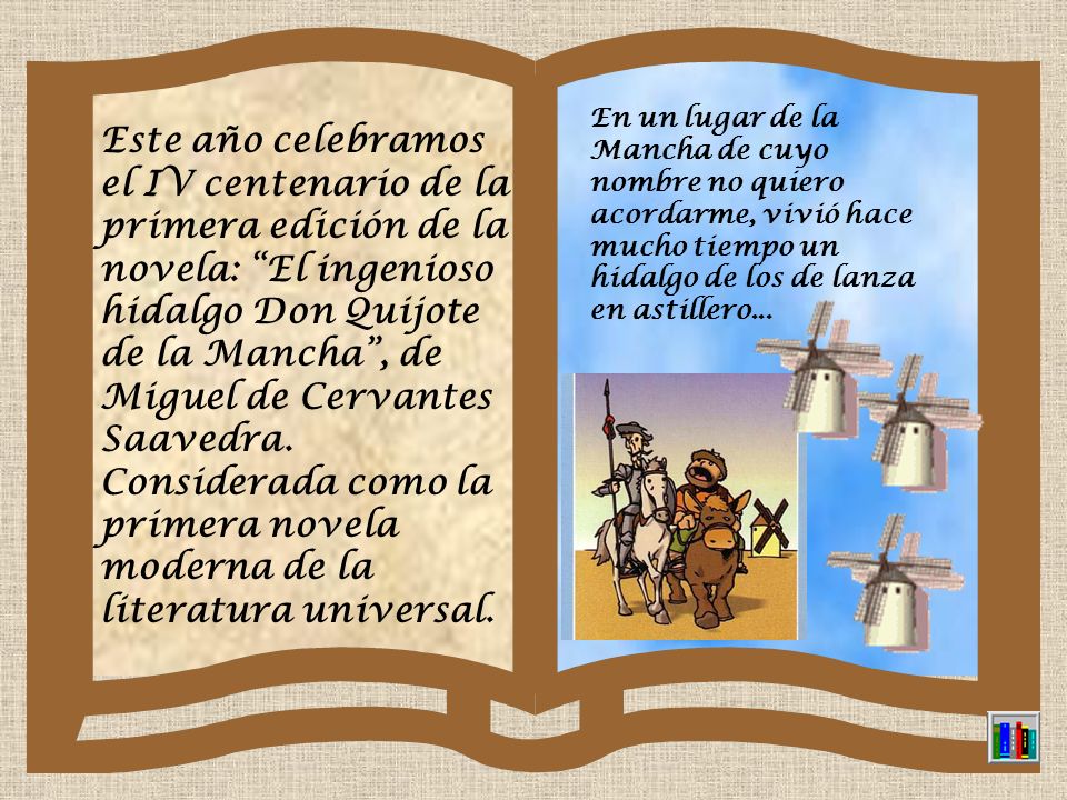 En un lugar de la Mancha de cuyo nombre no quiero acordarme, vivió hace mucho tiempo un hidalgo de los de lanza en astillero...