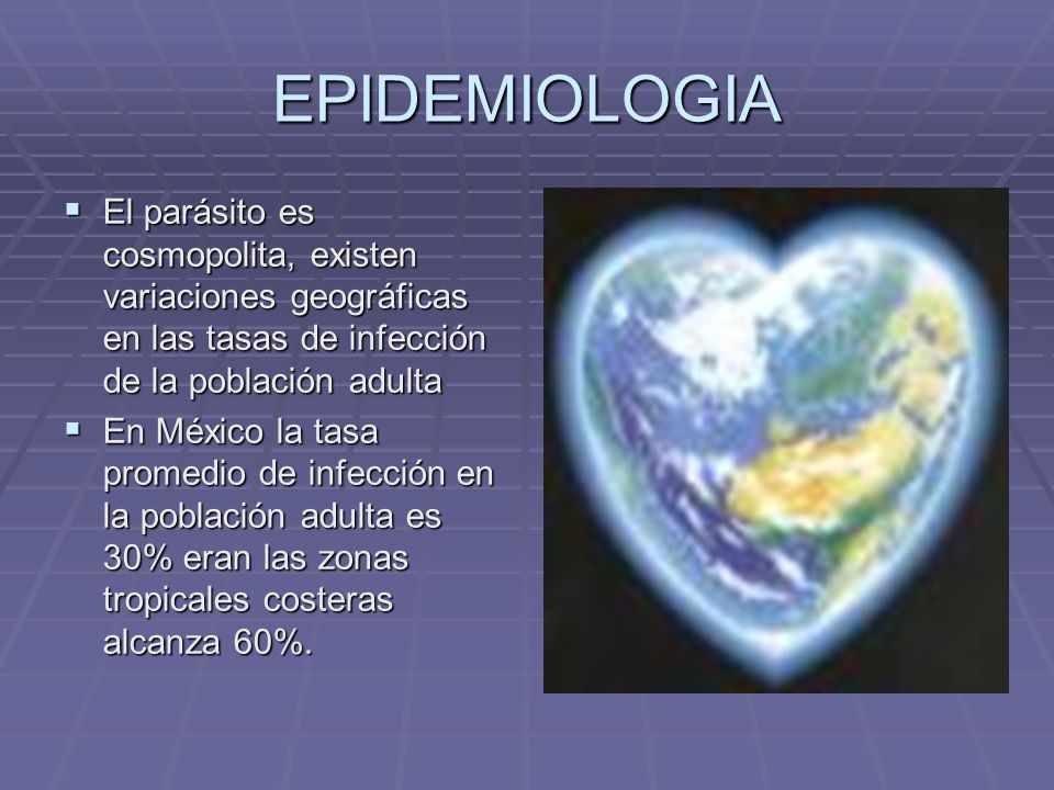 EPIDEMIOLOGIA El parásito es cosmopolita, existen variaciones geográficas en las tasas de infección de la población adulta.